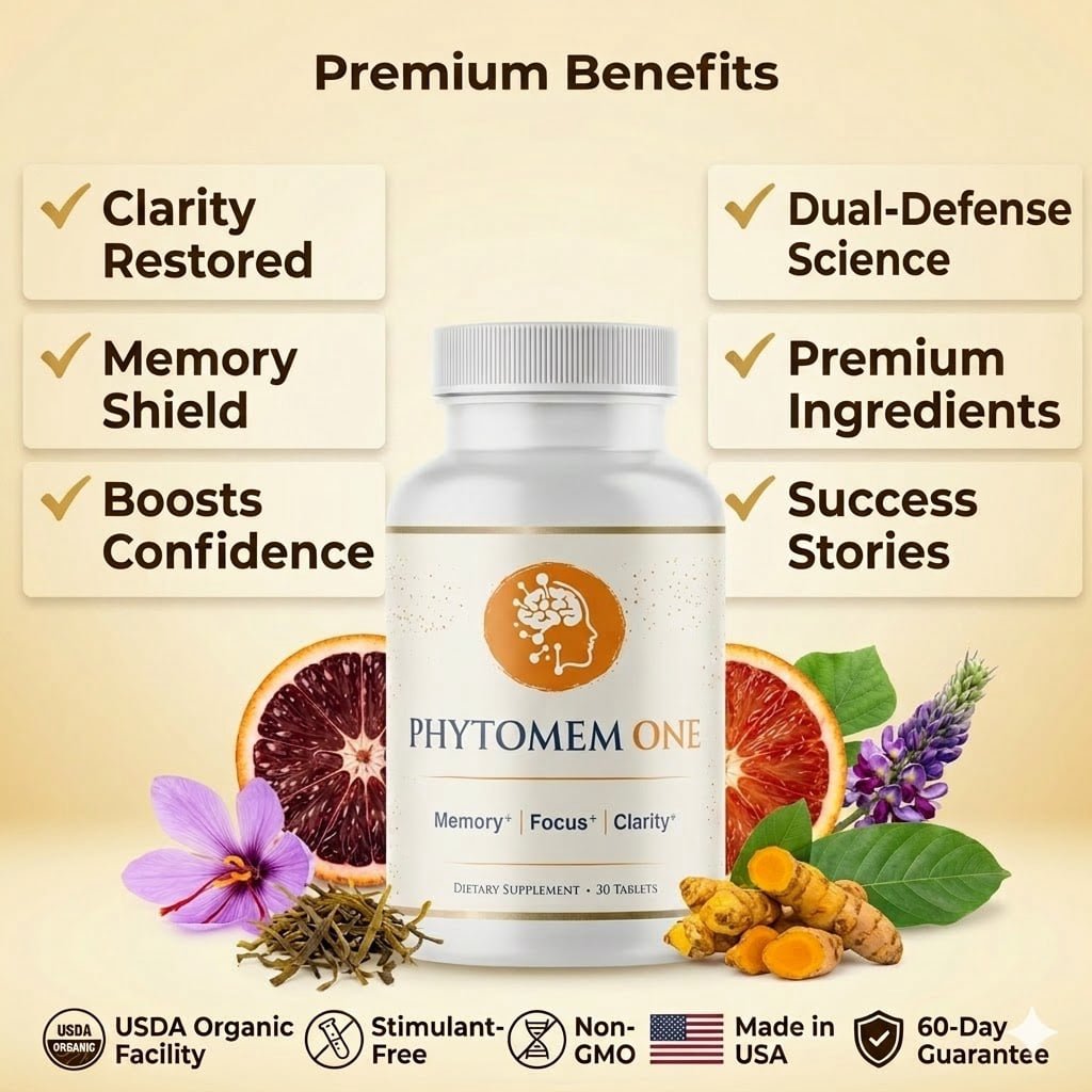 Phytomem One bottle with USDA organic, GMO free, made in USA and 60-day guarantee badges