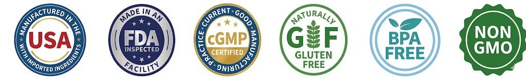 Phytomem One USDA FDA GMO free gluten free BPA free certification badges