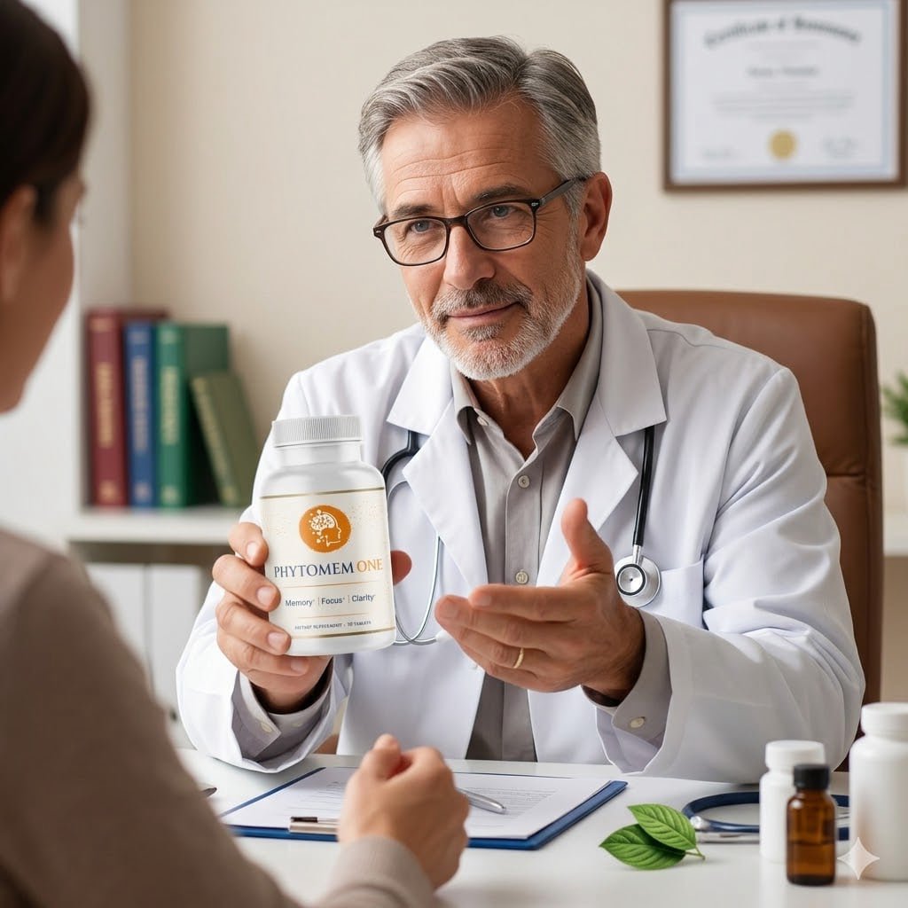 Doctor recommending Phytomem One bottle to patient